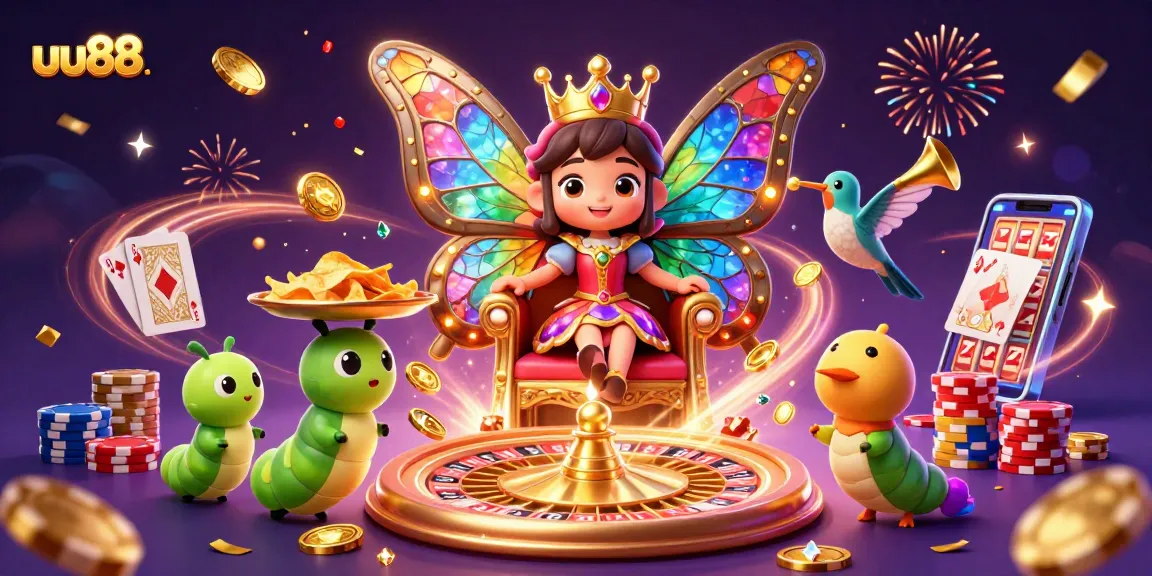 uu88 players winning big with a vibrant casino-themed 3D illustration showing royal flush cards and golden coins
