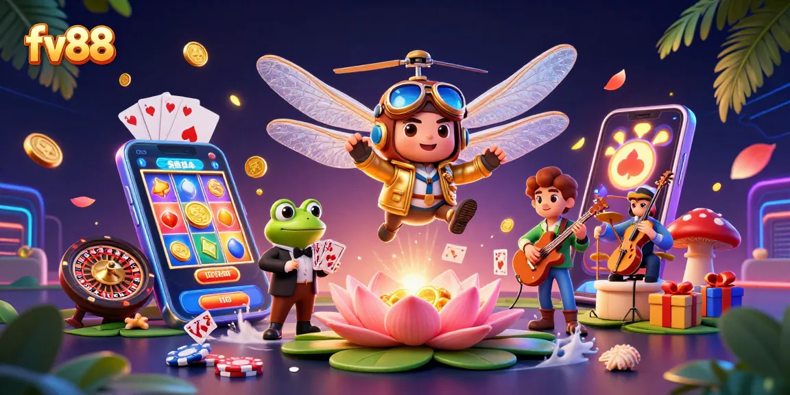Experience fv88 with this vibrant casino scene featuring unique game elements and lively characters.