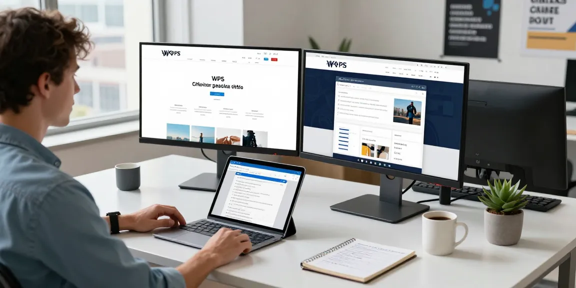 Professional highlight of WPS Official Website featuring a modern workspace, dual monitors, and productive atmosphere.