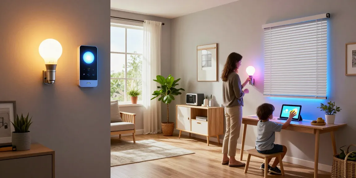 IKEA smart home setup with a family interacting with smart lights and devices in a modern living room.