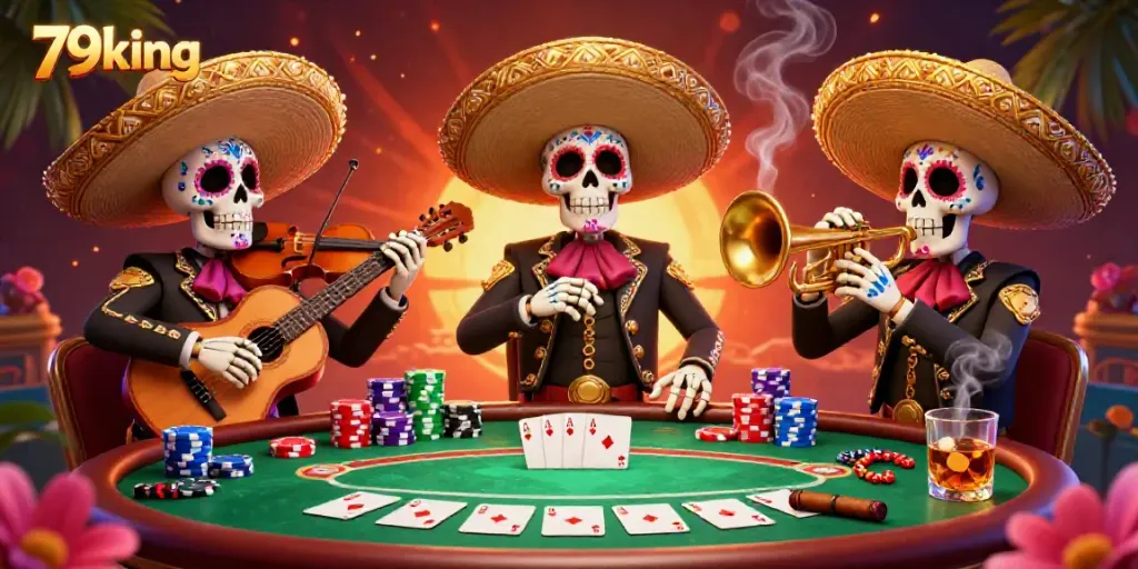 Experience the vibrant atmosphere of 79king with a lively skeleton mariachi band amid a colorful casino scene.