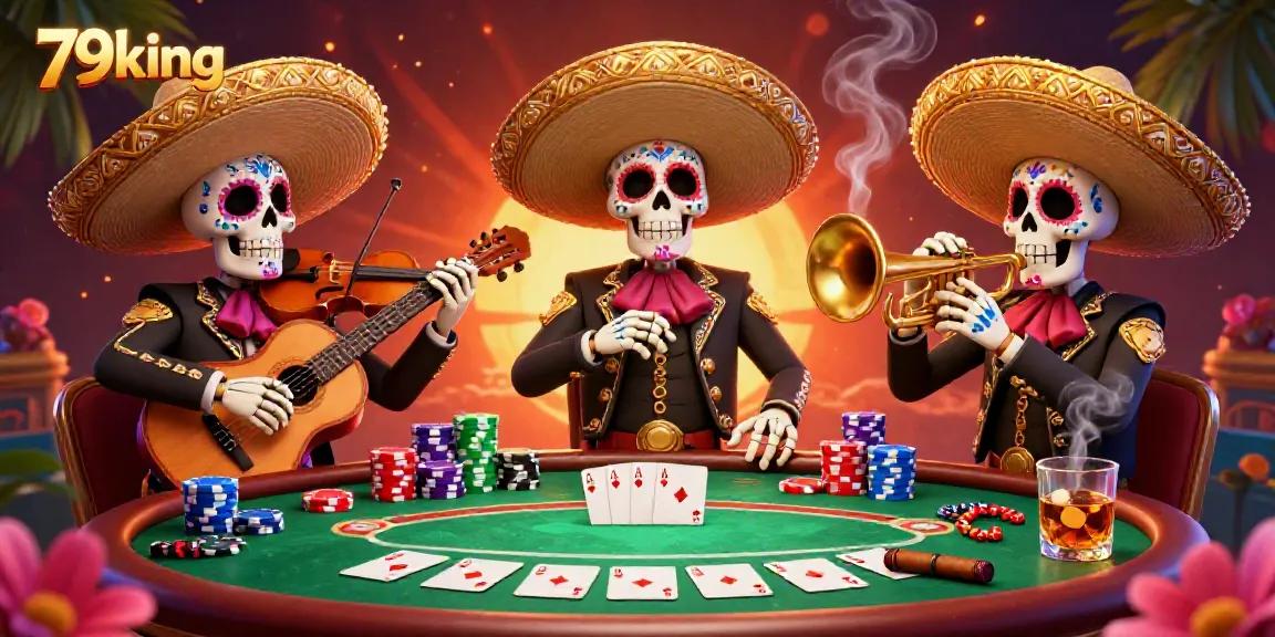 Experience the vibrant atmosphere of 79king with a lively skeleton mariachi band amid a colorful casino scene.