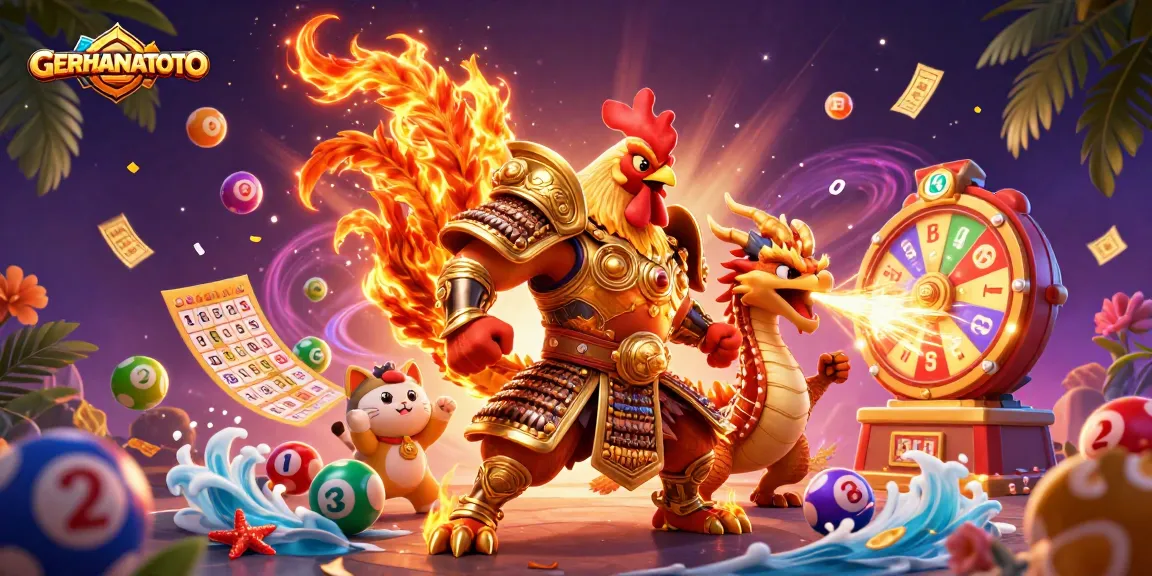 GERHANATOTO menampilkan permainan yang seru dengan ayam jantan berpakaian samurai dan naga berapi yang menakjubkan.