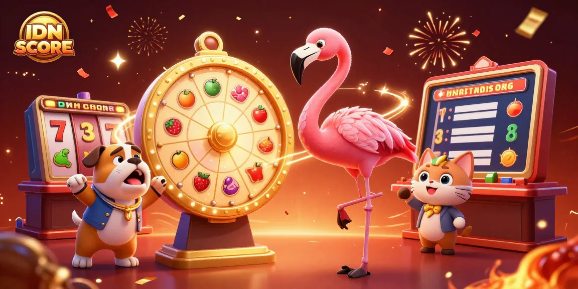 IDNSCORE showcases a vibrant game show scene with thrilling slot elements and lively characters.