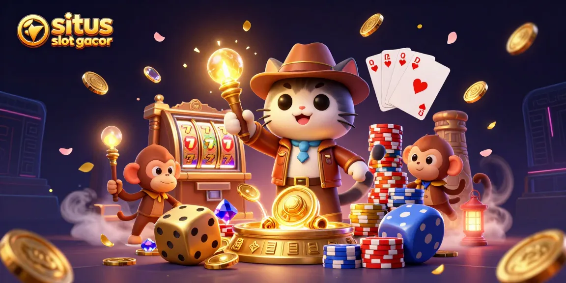 Engage with the situs slot gacor adventure, where a cat and monkey unveil golden treasures amidst a dynamic casino setting.