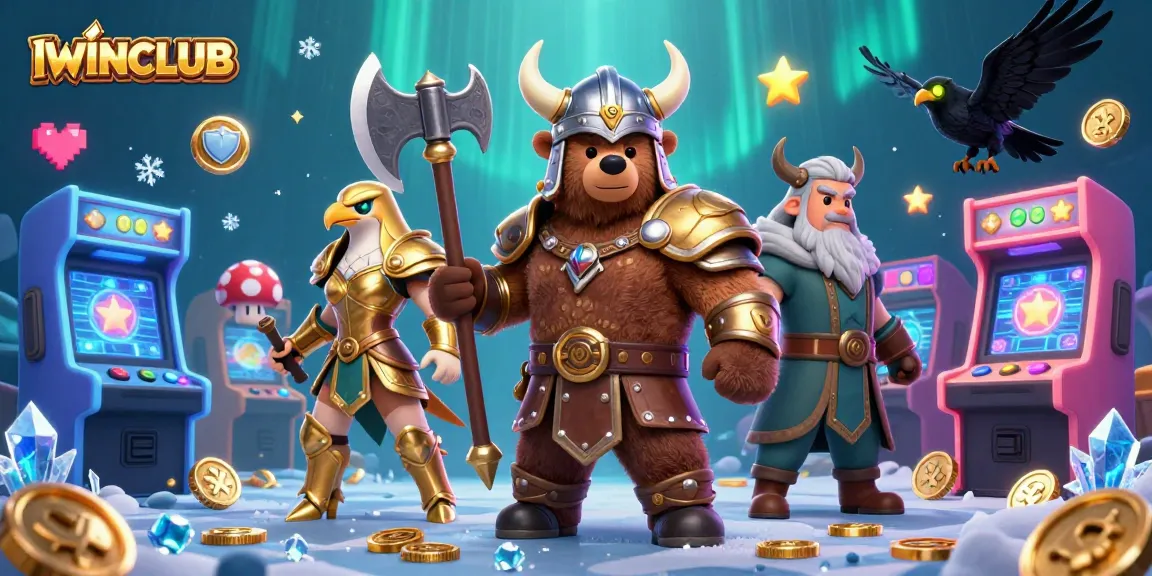 Engage with the vibrant IWINCLUB gaming experience featuring a Viking bear, Valkyrie eagle, and dynamic gaming elements.