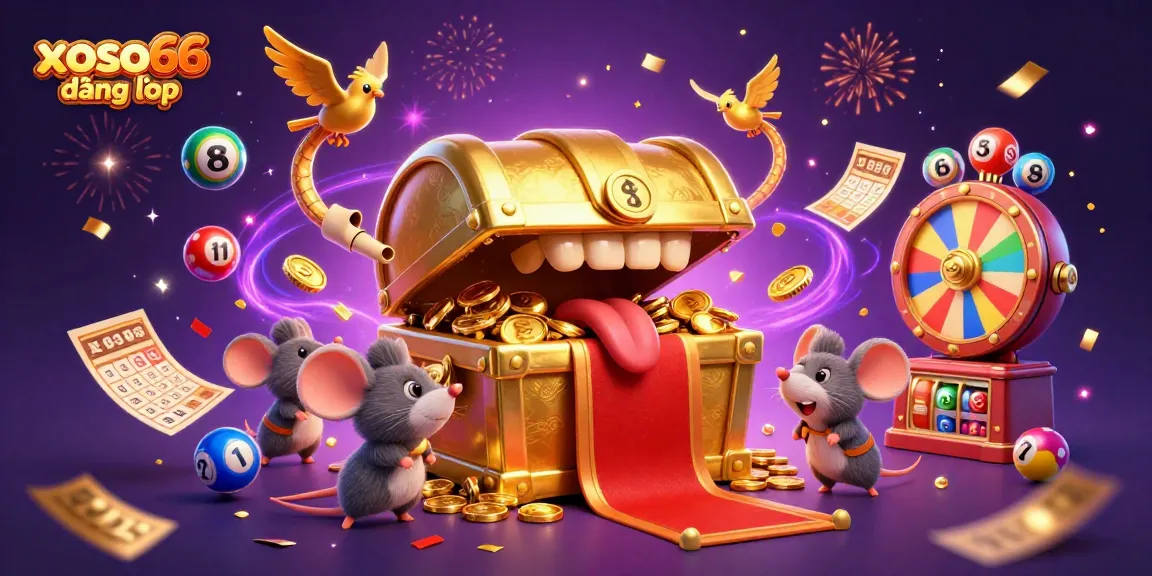 A dynamic scene of xoso66 đăng nhập with vibrant lottery elements, golden treasures, and animated characters inviting gamblers in.
