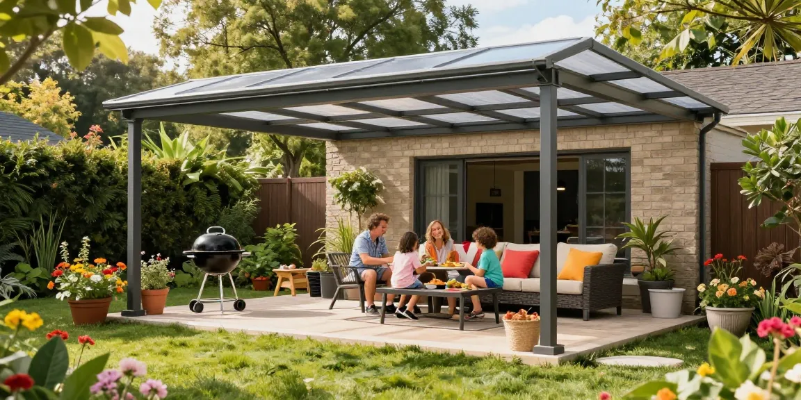 Freistehende Terrassenüberdachung im Garten mit Familie beim Essen und Grillen.