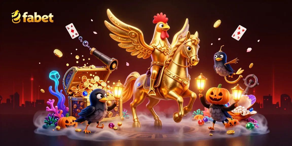 Engage with fabet's thrilling online experience in this vibrant casino scene featuring a golden rooster and treasure.