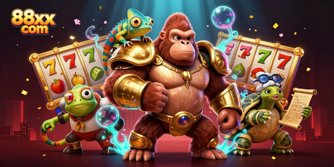 Spin the reels at 88xx com with adventure-loving characters in a vibrant casino scene.