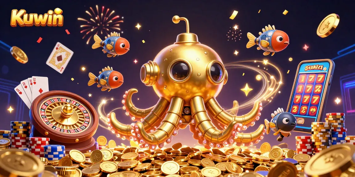 Win big at Kuwin with exciting games and a golden kraken submarine amidst a treasure-filled scene.