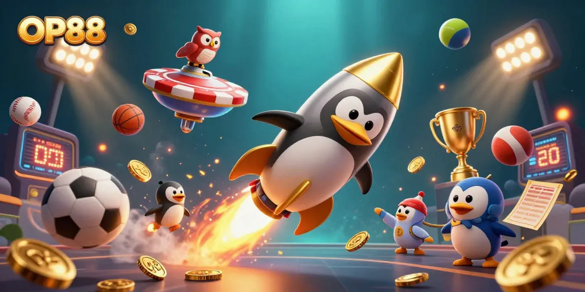 Experience OP88 with a 3D penguin launching toward a casino-themed galaxy, surrounded by dynamic gambling elements.