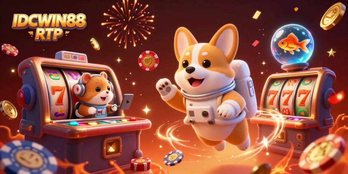 Experience IDCWIN88 RTP with intergalactic slot fun featuring a corgi and floating casino elements.