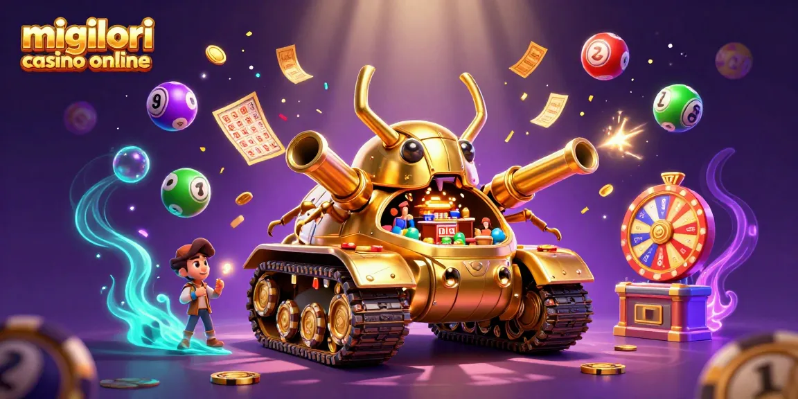Scopri i migliori casino online con questa vivace illustrazione 3D di un casinò miniatura in un carro armato d'oro, circondato da elementi di gioco.