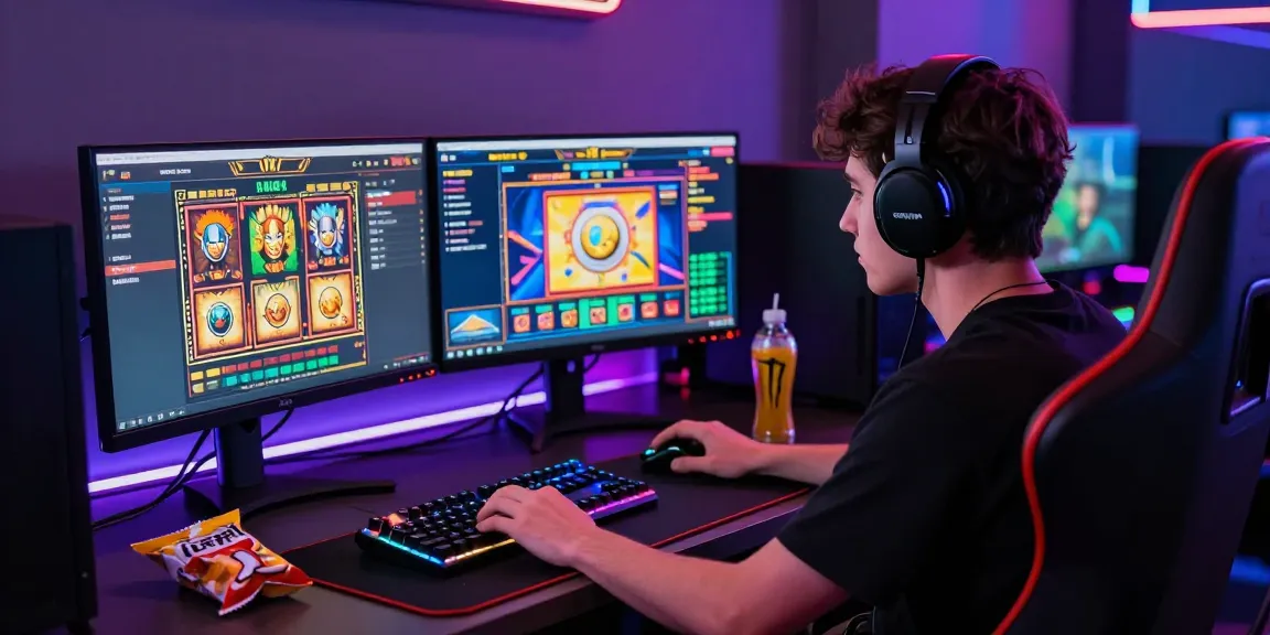 Online gaming enthusiast engaged with slot games at https://gravatar.com/playbook88official, showcasing vibrant gaming setup and immersive atmosphere.