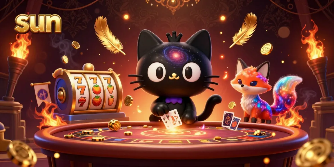 Win big with sun at this cosmic casino table featuring a black hole cat and nebula fox!