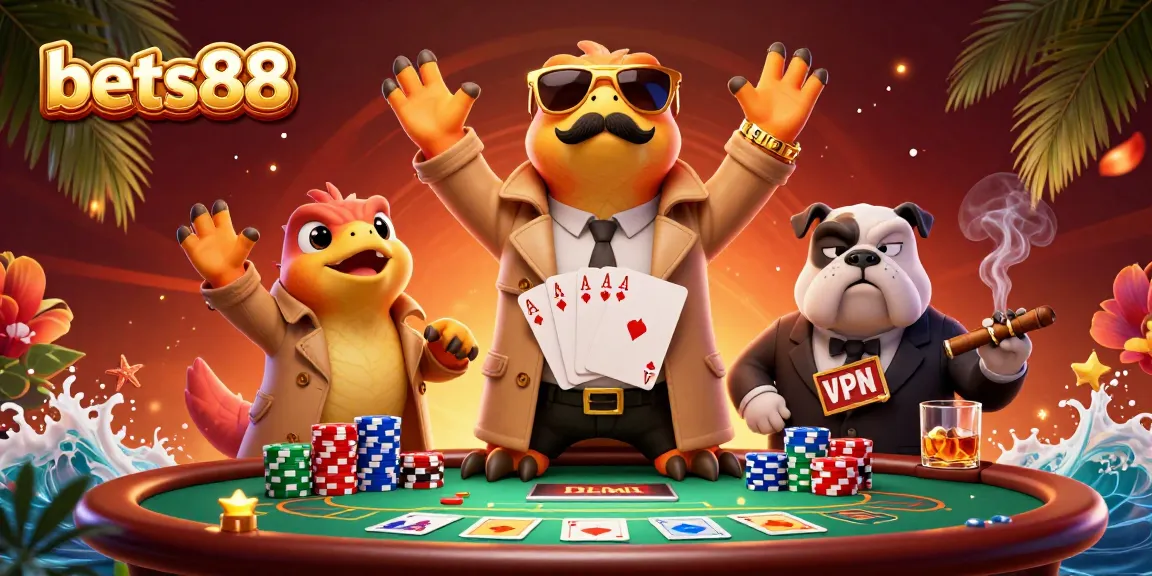 Bets88 casino scene with raptors in trench coat attempting VIP entry, vibrant poker elements.
