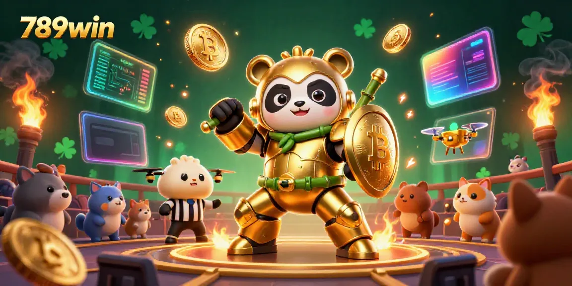 Engage in thrilling gameplay at 789win with exciting mech-suit battles surrounded by vibrant crypto-themed elements.