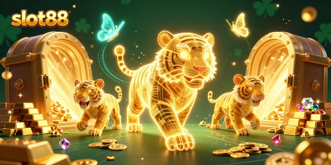 Menangkan slot88 dengan karakter kucing emas neon dan harta karun berkilauan dalam ilustrasi kasino digital.