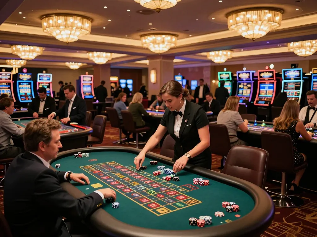 A lively casino scene showcasing players betting at roulette tables, highlighting the excitement of 789Win gaming experience