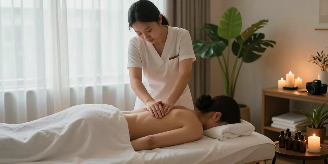 마사지 테라피스트가 고객에게 스웨디시 마사지 중인 편안한 치료실 환경