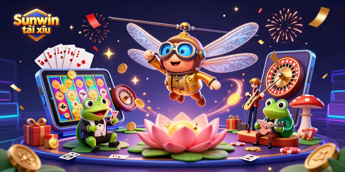 Engage in Sunwin tài xỉu with vibrant dragonfly pilot, frog dealer, and jazz musicians in a lively casino scene.