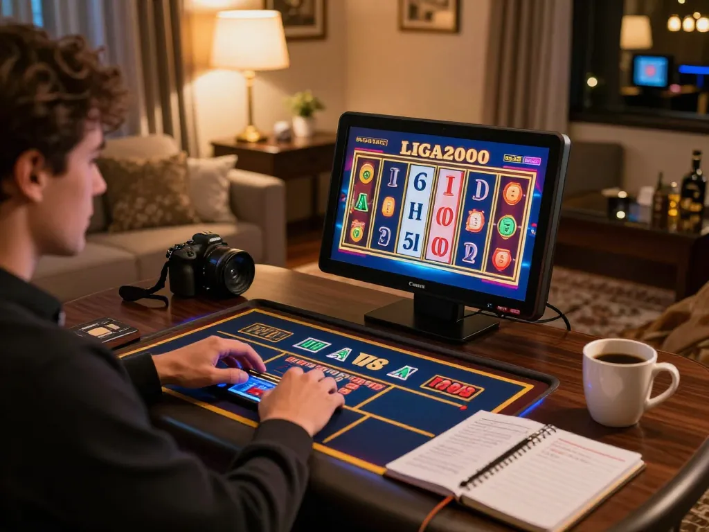 LIGA2000 slots being played on a tablet in a cozy home setting with warm lighting.