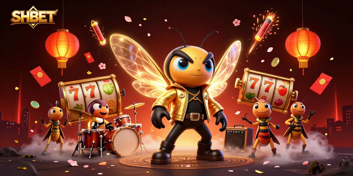 SHBET players engaging in fun with a cartoon cicada rock star and slot games, showcasing vibrant casino energy.