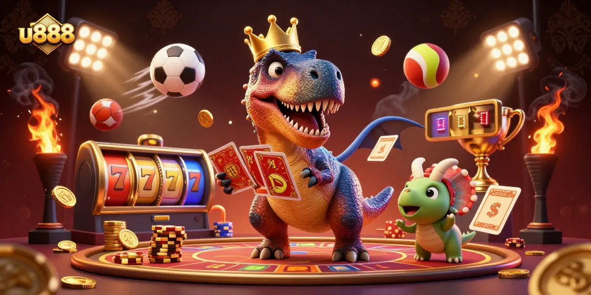 u888 cartoon T-Rex shuffling cards with a Pterodactyl assistant in a vibrant casino scene.