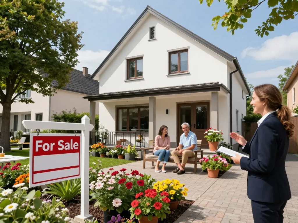 Immobilienmakler präsentiert ein zum Verkauf stehendes Familienhaus in Frankfurt Riedberg.