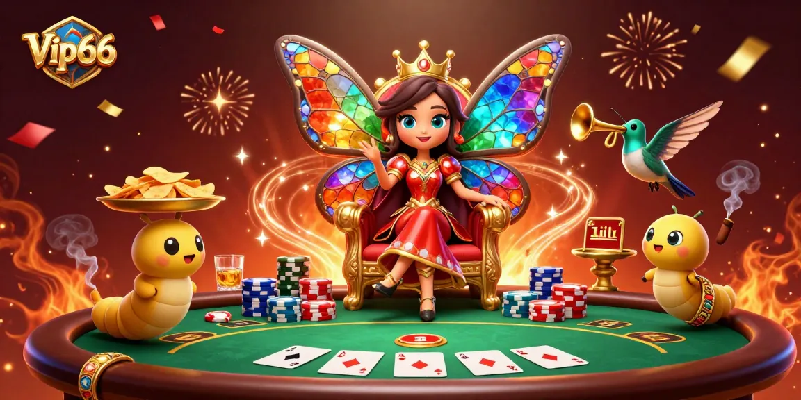 Experience the excitement of Vip66 with a vibrant casino scene featuring a butterfly queen and golden chips.