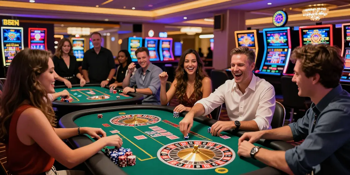 Casino Gratuit sans depot - Excited players engaging with games in a vibrant casino atmosphere.