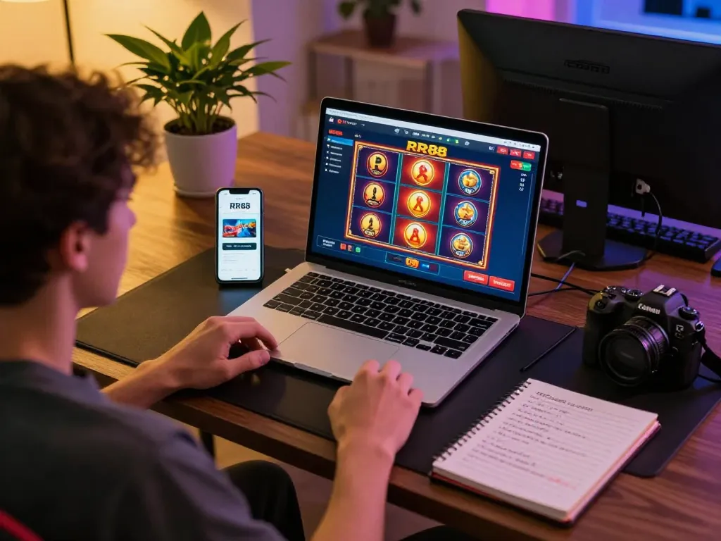 Gamer exploring RR88 casino interface on laptop, showcasing online gambling experience.