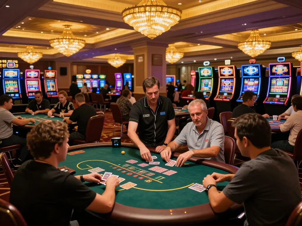 Players engaging in intense card games at nhà cái gg88, showcasing a vibrant casino atmosphere with professional dealers.