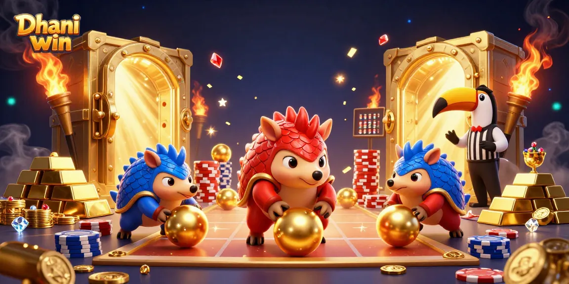 Dhani win pangolins compete in a thrilling casino game scene with vibrant treasures and dynamic gameplay.