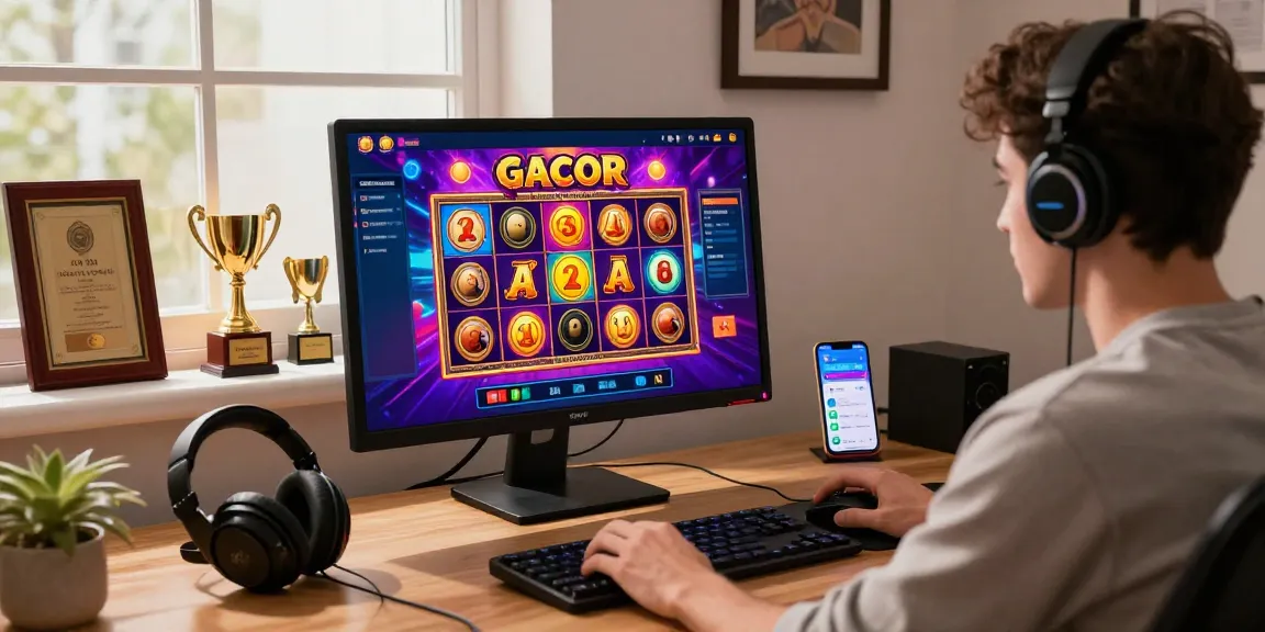 Online gambling scene featuring slot gacor games with a player engaged in winning moments.
