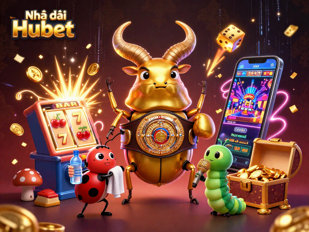 Nhà cái Hubet showcases a vibrant casino scene with a golden stag beetle and characters amidst jackpot explosions.