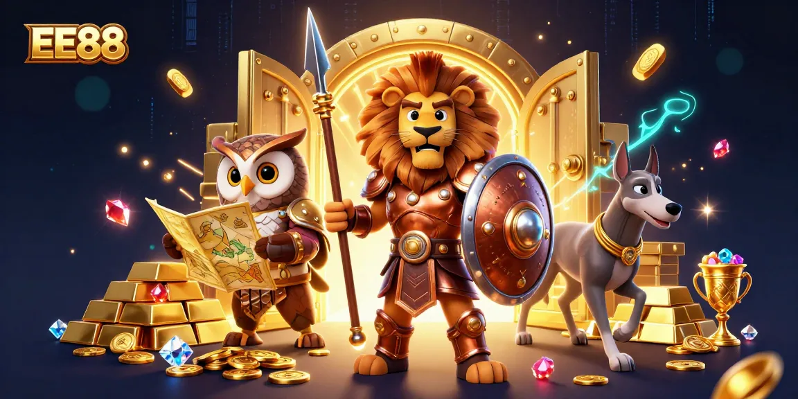Engage in thrilling casino adventures with EE88 featuring a heroic Spartan lion and treasure elements.