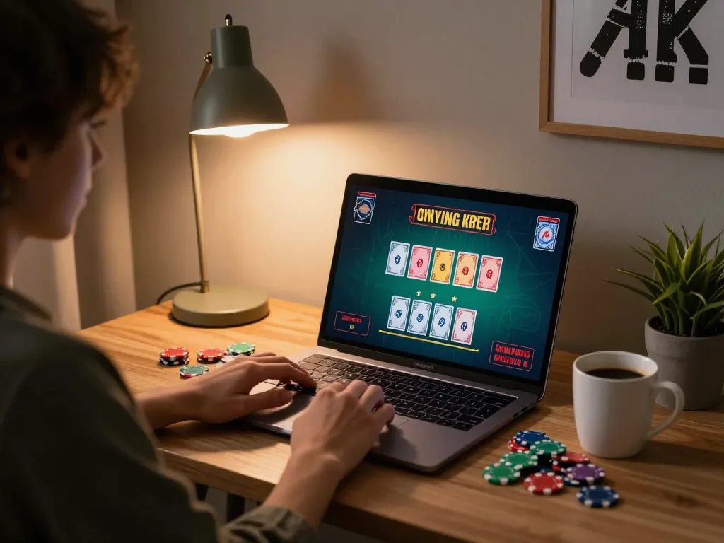 KJC players strategizing in a comfortable home gaming setup with online blackjack.