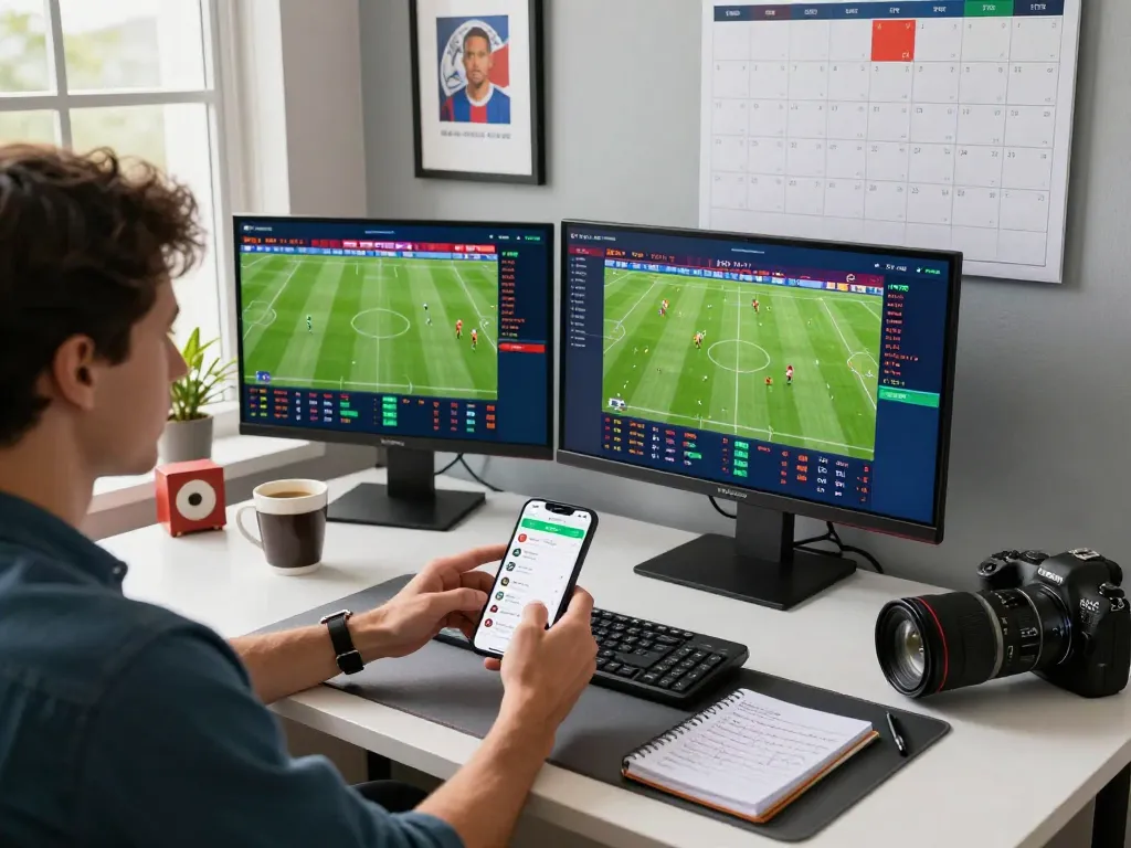 Engaging sports betting setup showcasing Kèo nhà cái TV with live odds and match statistics on multiple screens in a dynamic workspace.