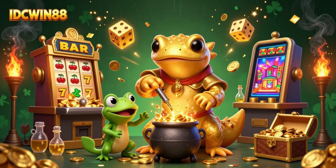 Experience jackpots with IDCWIN88, showcasing a vibrant 3D gambling scene full of gold coins and thrilling slot action.