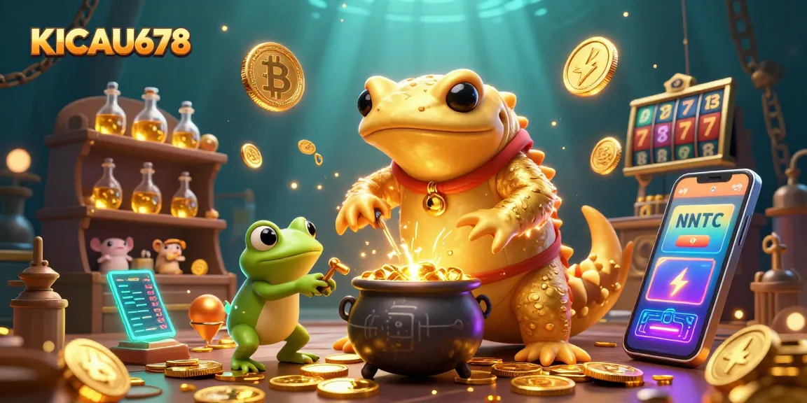 KICAU678 takes center stage with vibrant alchemists transforming metals into gold among digital crypto elements.