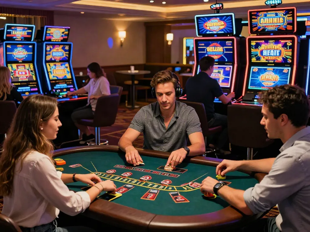 Engaging Casino En Ligne experience with diverse players at live blackjack, slots, and roulette.