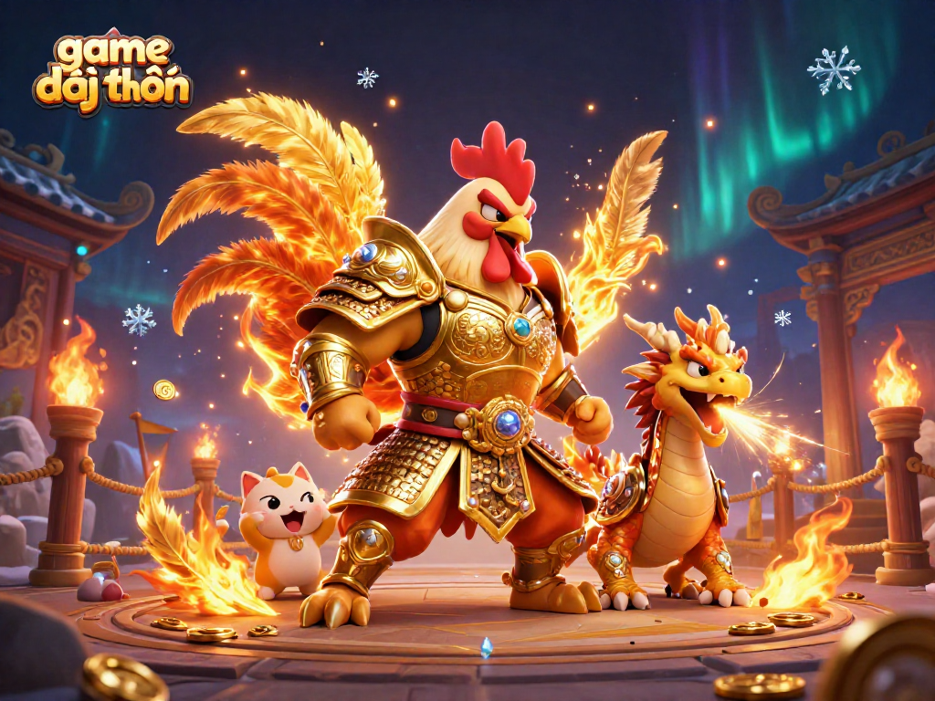 Experience game đổi thưởng with a dynamic illustration of a rooster warrior, dragon hatchling, and fortune cat.