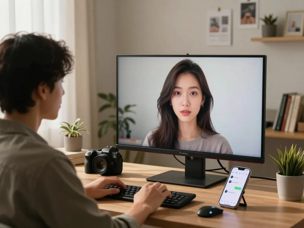 Engaging moment with an AI gf in a cozy home office setting, showcasing personalized interaction and connection.