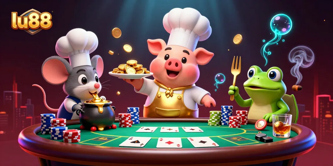 lu88 engaging scene with a whimsical chef pig serving gold coins amidst vibrant poker elements.