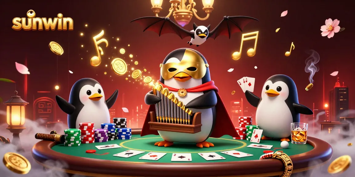 Experience thrilling gameplay at sunwin with a vibrant 3D illustration featuring a penguin organist, poker elements, and dramatic casino ambiance.