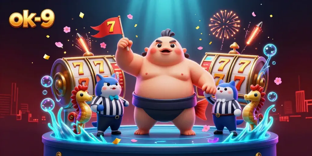 Experience exciting gaming with ok-9 and a dynamic underwater slot scene featuring a cartoon fugu.