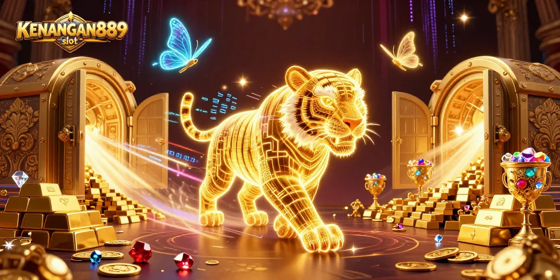 Experience KENANGAN889 slot with a vibrant casino scene showcasing a golden tiger and treasures.