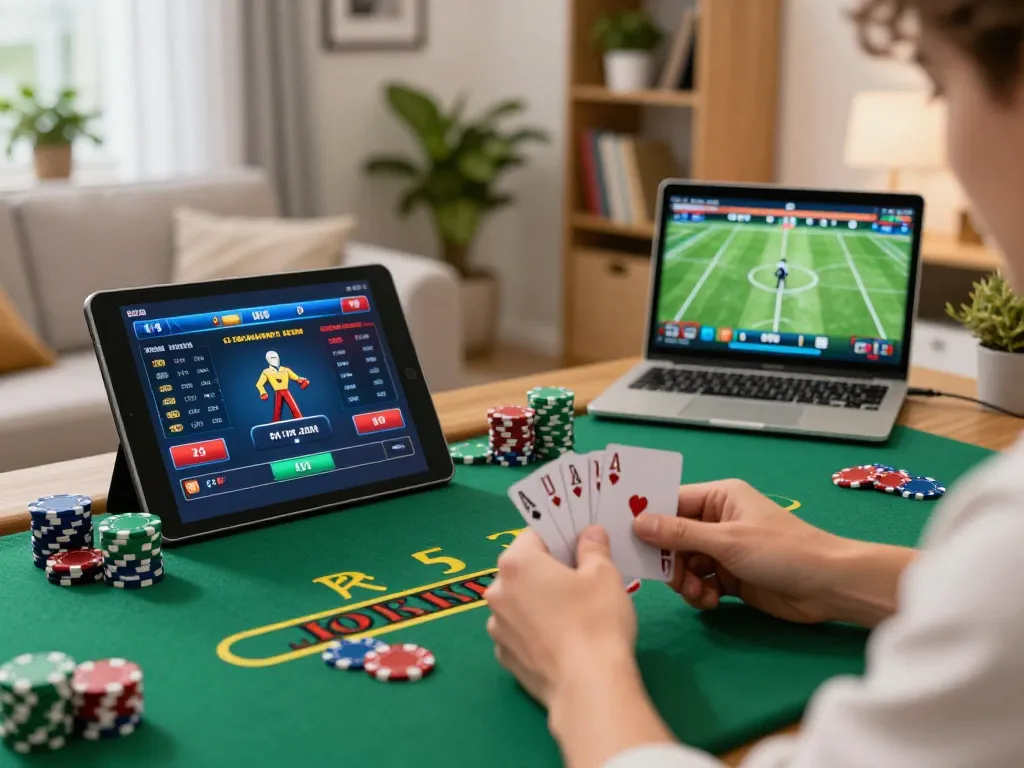 Player enjoying a dynamic o8 live blackjack game on a tablet in a cozy living room.